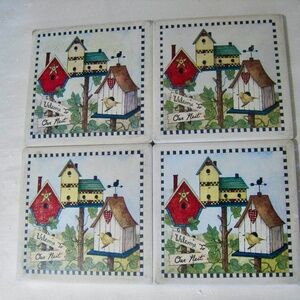 Farmhouse Style, Porcelain Ceramic Tile, 4 Drink Glass Coasters.